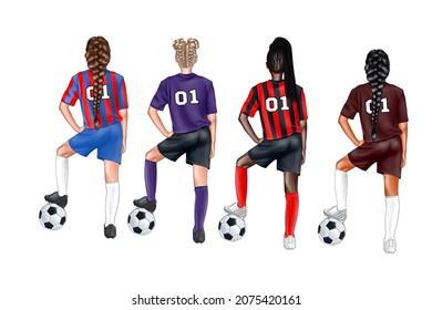 Illustration of four girls football players with soccer balls from the back. Women's soccer - Powered by Shutterstock