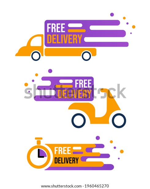 Illustration of free\
delivery express service icons set isolated on white background.\
Delivery car, scooter and timer clock in yellow and purple with\
text and\
gradient.