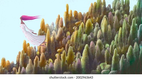 illustration of freedom hope and dream concept idea, fantasy landscape art, conceptual painting, surreal nature artwork, lonely woman flying with a forest 