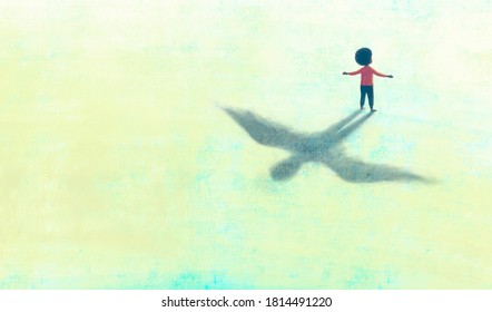 Illustration Of Freedom Hope Dream And Life Concept, African Black Boy With Flying Shadow, Surreal Painting Artwork, Conceptual Art, Child