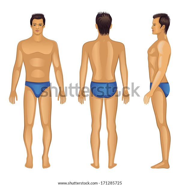 Illustration Of Full Length Front Back Side Naked Man Isolated On White