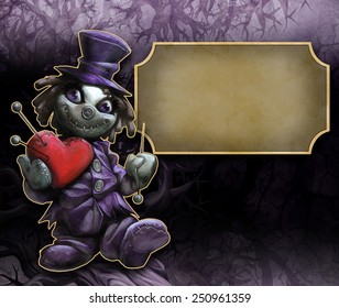 Illustration and funny doll holding plush red heart   pins