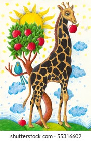 Illustration Of Funny Giraffe Eating Apple - Mixed Technique