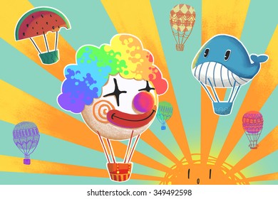 Illustration: Funny Hot Air Balloons is Flying in the Sunlight  Clown  Whale  Watermelon etc  Realistic Fantastic Cartoon Style Artwork / Story / Scene / Wallpaper / Background / Card Design 