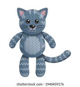 Illustration Of A Funny Knitted Cat Toy. On White Background