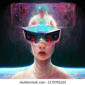 Illustration Of A Futuristic Woman Wearing A Technological Headset Glowing Connected To The Metaverse, Oculus, Glasses, Living In Virtual Digital Reality Cyberspace, Mental Images Above Head