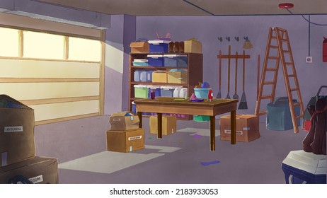 Illustration Of A Garage In A Suburban House With Boxes Everywhere After Moving Indoor View In Disney Cartoon Style