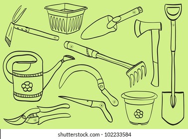 Illustration of gardening tools - doodle style - pot, watering can, dig, rake, scissor, shovel