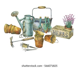 Illustration of gardening tools. Hand drawn watercolor painting on white background.