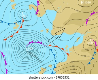 Illustration Of A Generic Weather Map Showing A Storm Depression