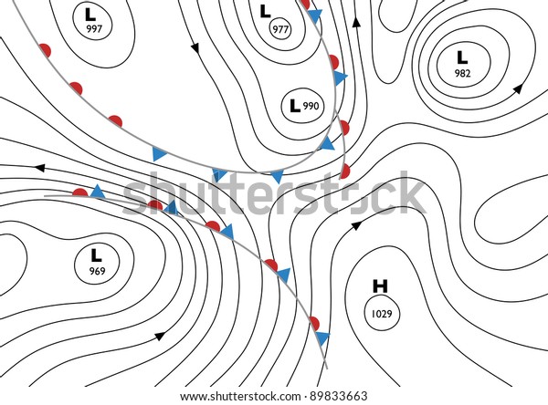 イソバーと気象前面を示す一般的な天気図のイラスト のイラスト素材 3663