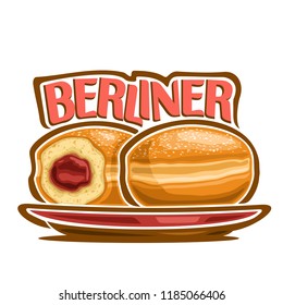 Illustration Of German Berliner, Two Bavarian Doughnuts With Jam On Red Dish, Original Typeface For Word Berliner, Whole And Cut Half Donuts With Gelly Sprinkled Sugar, Traditional German Buns.