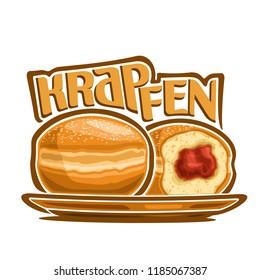 Illustration Of German Krapfen, Two Bavarian Doughnuts With Jam On Yellow Dish, Original Typeface For Word Krapfen, Whole And Cut Half Donuts With Gelly Sprinkled Sugar, Traditional German Buns