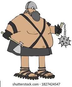 Illustration of a giant man wearing a leather skirt and helmet carrying a big axe and ball & chain and a face mask.