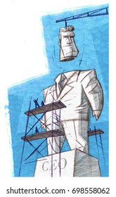 Illustration Of A Giant Statue Portraying A Chief Executive Officer. Workers Over A Scaffold Are Setting-up The Monument. The Head Is Hanging On A Crane, The Only Missing Part To Finish.