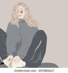 Illustration Of Gigi Hadid In Glasses, Painted In Gray  Colors
