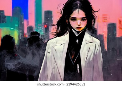 Illustration Girl In Business Clothes Sad Walking Alone Through A Smoky City