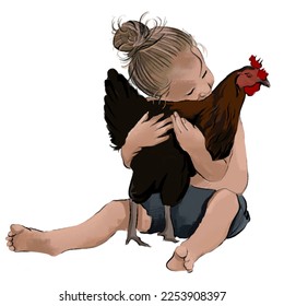 illustration girl and chicken  who loves animals  hugs chicken  illustration for zoo  for books  for stickers  for an illustration and people!