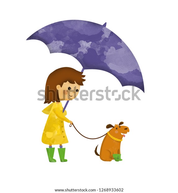 Illustration Girl Dog Umbrella Stock Illustration 1268933602