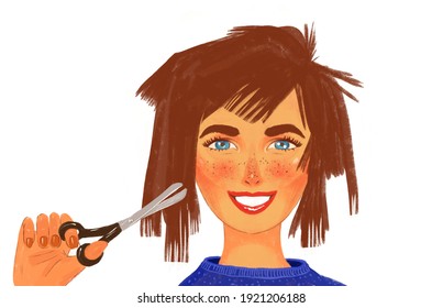 Illustration Of A Girl Doing Her Own Haircuts. Funny Bad Haircut, Bad Try