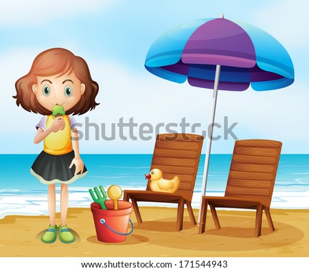 Illustration of a girl eating an icecream at the beach