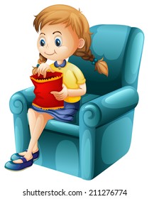 Illustration Of A Girl Eating Junkfoods While Sitting Down On A White Background