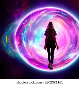 Illustration. Girl Entering A Time Vortex In Space