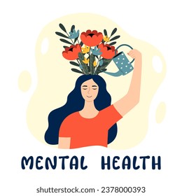 Illustration of a girl with flowers in her head. Mental health concept. Positive psychology and optimism, positive emotions and feelings, good mood. Happy conscious woman. Image in flat style. - Powered by Shutterstock