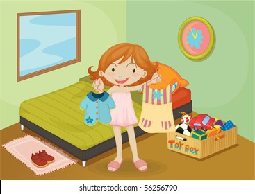 女の子は部屋の中がだらしない 散らかった服の間に散らばって散らかった部屋に立って いる思慮深い女の子 汚れを落とすかどうか考えるペンシブな子どもの漫画のキャラクター 平らなベクター画像イラスト のベクター画像素材 ロイヤリティフリー