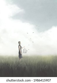 Illustration Of Girl With Open Birdcage Release Butterfly Free, Surreal Dreamy Concept