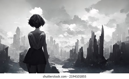 Illustration Of A Girl Overlooking An Apocalyptic Wasteland City