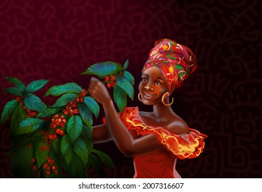 Illustration, a girl picking coffee on a plantation. Girl of African race in traditional clothing, harvesting