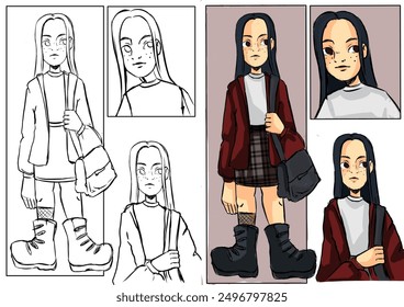 illustration girl schoolgirl comic book. color and black and white set - Powered by Shutterstock