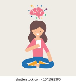 Illustration Of A Girl With Smartphone Using Brain Training App