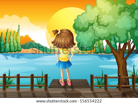 Illustration of a girl standing facing at the river 