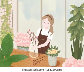 Illustration of a girl who is arranging flowers in a flower shop - Powered by Shutterstock