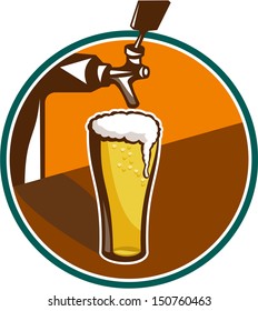 Illustration Of Glass Pint Of Beer With Tap In Background Set Inside Circle.