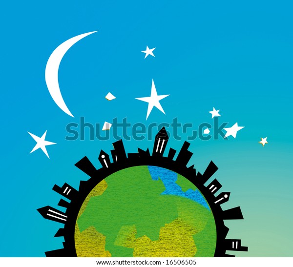 a illustration of global community\
township on earth, with blue color nice sky\
background.