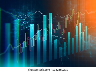 Illustration Of Global Trading Market Changes. Abstract Business Chart With Downtrend Line Graph Bar Chart. Multi Exposure Effect With Lens Flare.