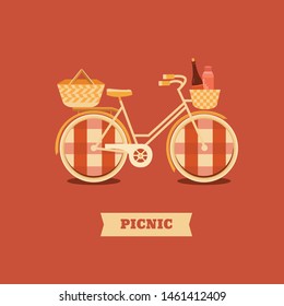 Illustration To Go Camping Or A Picnic. Background With Bicycle. Banner Weekend Outdoors. Set Of Elements Bike, Basket, Thermos, Wine. Activity And Sport In Nature.