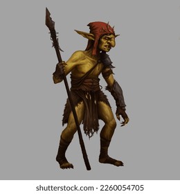 An illustration of a goblin using simple clothing and a spear