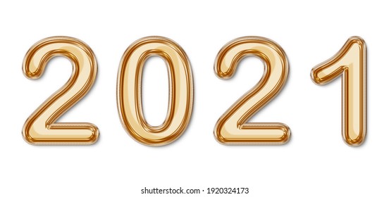 Illustration Gold Foil Balloon 2021 Text Made Of Realistic 3d Render Air Balloon. Ready To Use For Happy New Year Decoration Concept. On White Background.