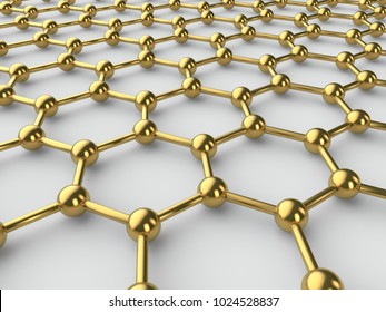 Illustration Of The Golden Crystal Lattice Of Graphene, Graphene Film. The Idea Of The Prospect Of Graphene Technologies. The Isolated Image On A White Background. 3D Rendering