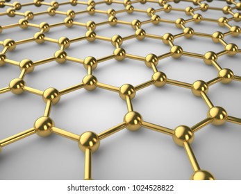 Illustration Of A Golden Graphene Crystal Lattice, Graphene Film With Depth Of Field. The Isolated Image Of The Material Of The Future On White Background. 3D Rendering