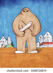 Illustration: Golem, Creature From Prague Legends And Jewish Folklore, Buildings On Background