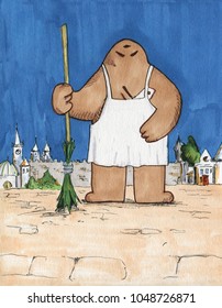 Illustration. Golem Wearing An Apron With A Mop, Creature From Prague Legends And Jewish Folklore. Prague Legends. Buildings, City On Background