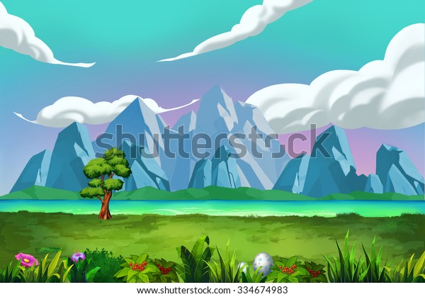 イラスト 山の前の川岸の良い景色 リアルな漫画スタイルのシーン 壁紙 背景デザイン のイラスト素材