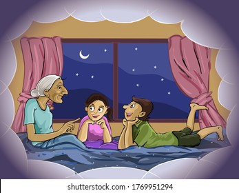 Illustration Of Grandmother Telling Stories To The Small Boy Children In Bed, Night Sky View With Moon And Stars, Window With Pink Curtain