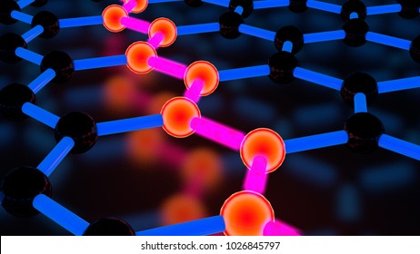 Illustration of graphene molecule, luminous atoms. The crystal lattice of graphene, the molecular form of carbon on a black background. 3D rendering. Super battery and superconductor of the future.