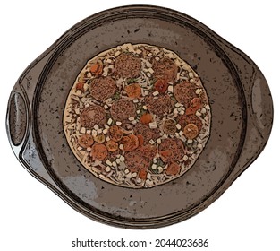 Illustration Graphic Art Image Of A Frozen Pizza With Various Toppings Placed On A Large Pizza Tray - Top View.